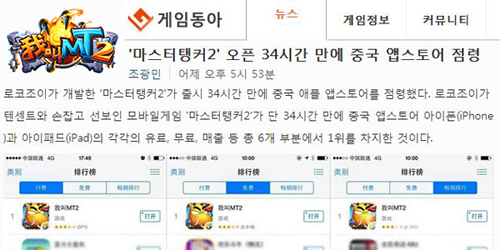 韩国知名媒体对《我叫MT2》34小时六榜第一进行报道