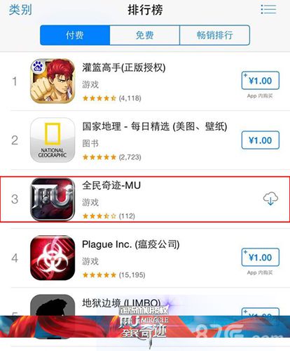 图2 《全民奇迹mu》12月3日付费榜排名