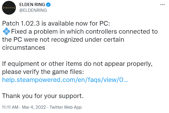 艾尔登法环PC版1.02.3补丁上线 修复手柄无法识别问题