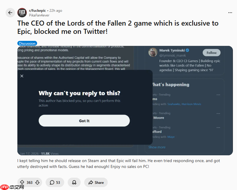 《堕落之主2》Epic独占再引争议：CEO拉黑提建议玩家