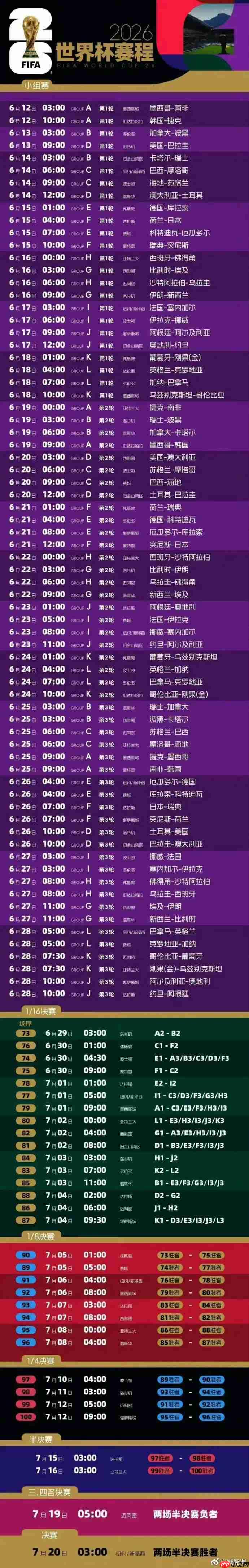 FIFA2026年足球世界杯开赛时间+详细赛程时间表